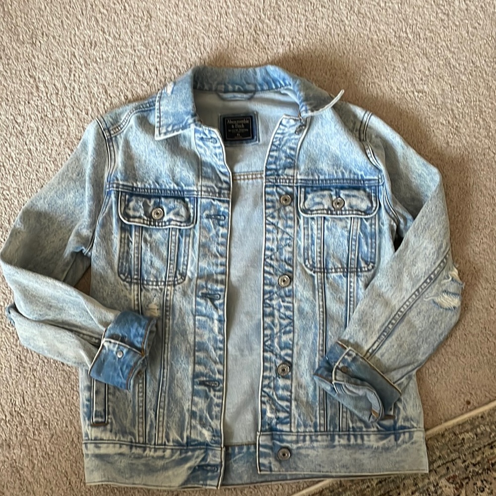 abercrombie and fitch light blue ripped jeans jacket